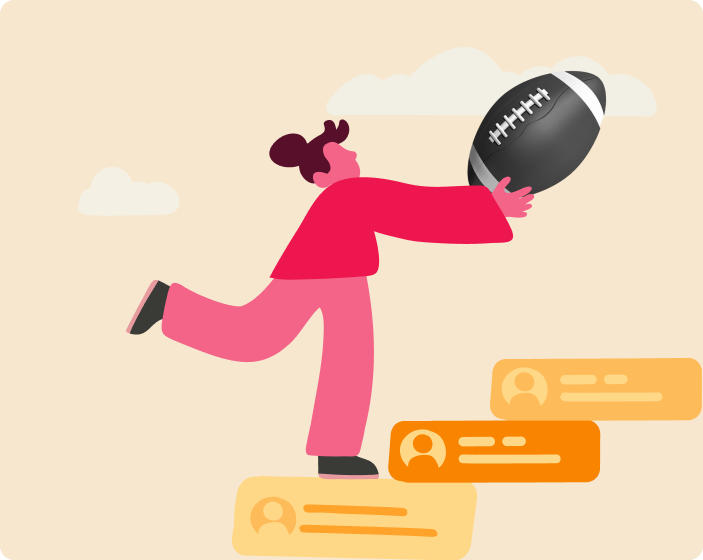 Illustration of a person carrying a football up steps, representing team progress and momentum.